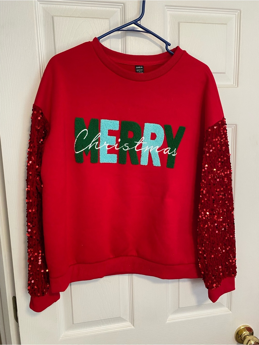 SHEIN Red 'Merry Christmas' Sequin Sleeve Sweatshirt
